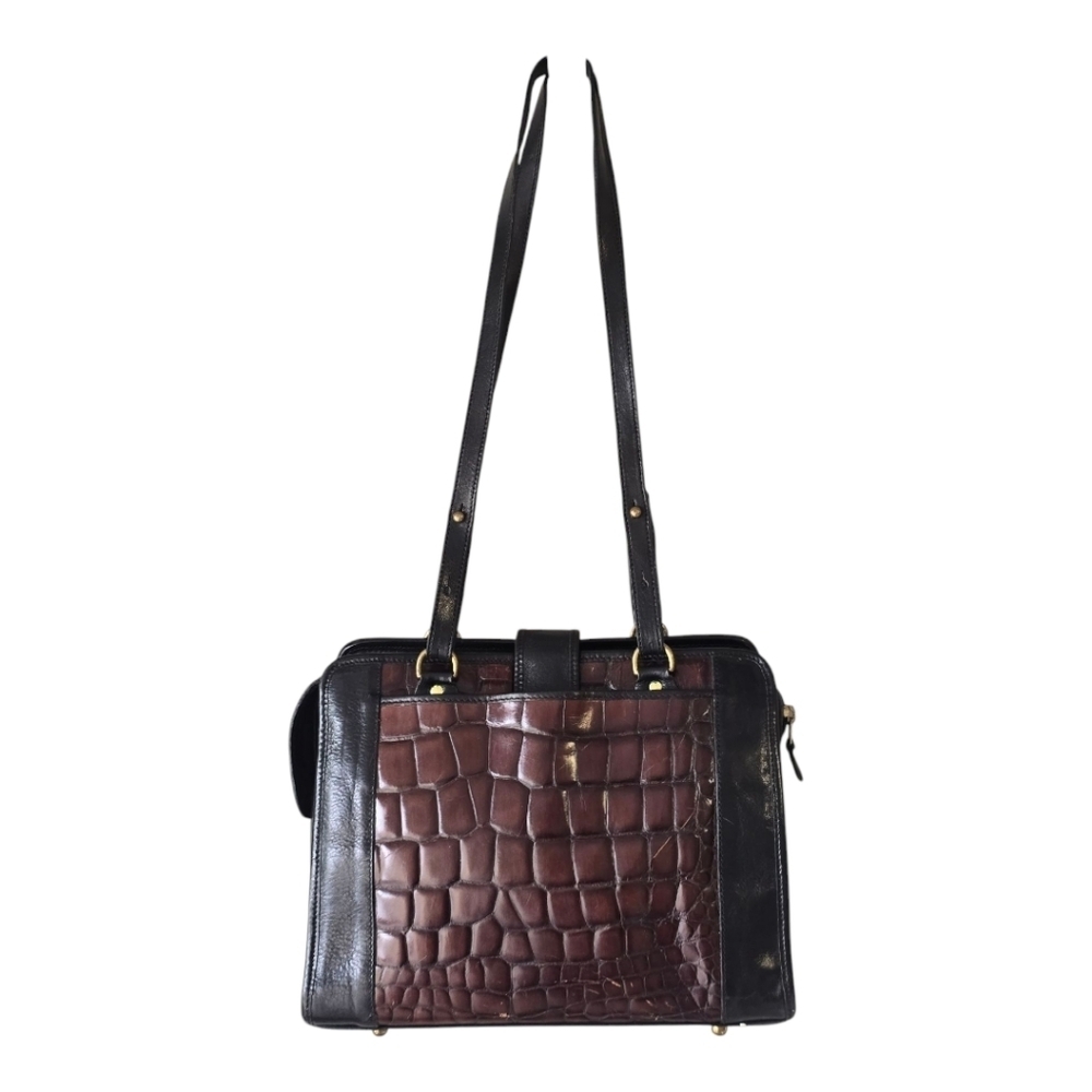 VTG Brahmin Tote Leather Handbag Women Crocodile Print Brown Black Rare - Picture 3 of 15